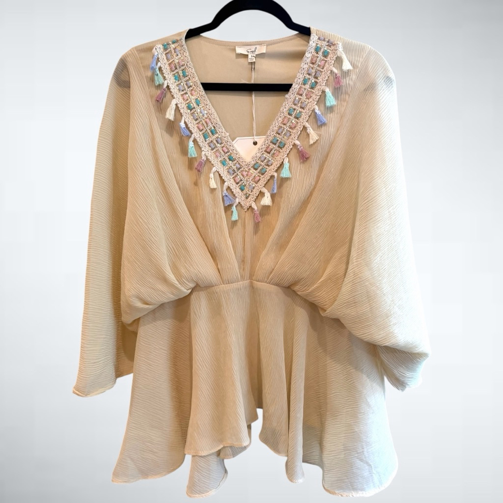 Easel Boho Dolman Sleeve Embroidered Tassel V-Neck Blouse in Natural Size S
